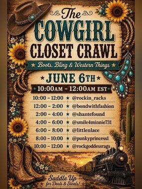 The Cowgirl Closet Crawl Live Flyer! 💛🤎🤠